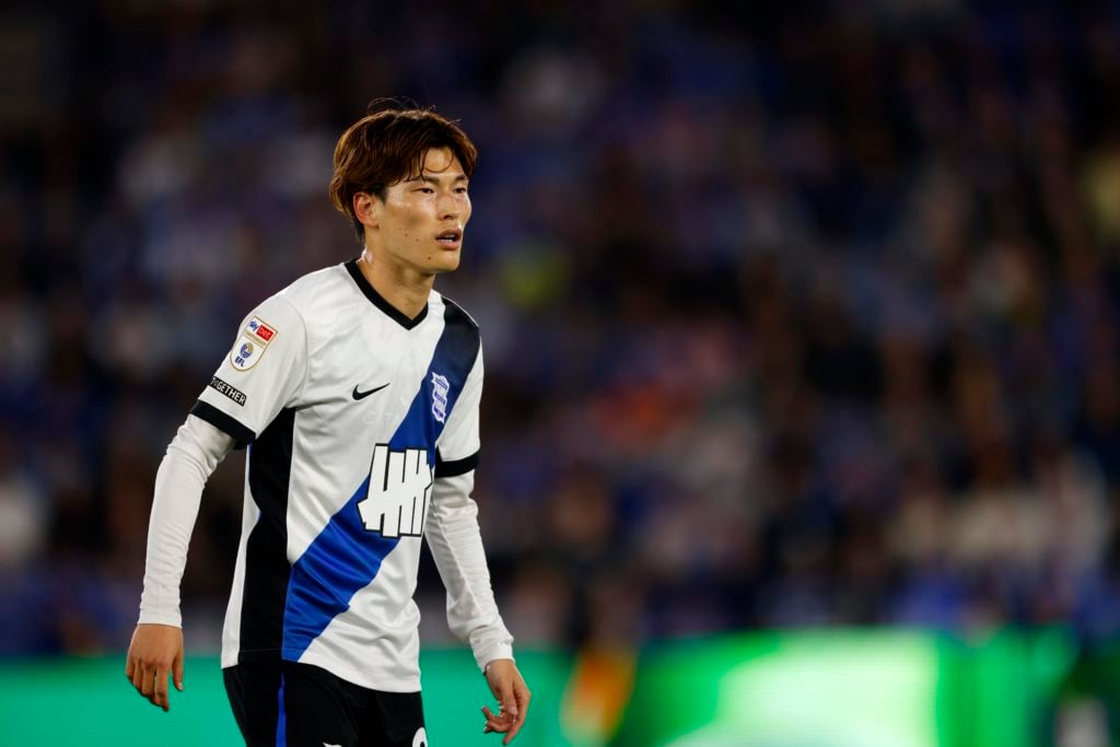 Kyogo Furuhashi for Birmingham City looks on while playing Leicester City