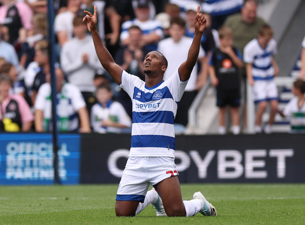 Richard Kone drops to his knees and points to the sky as he celebrates beating Charlton Athletic in the Championship