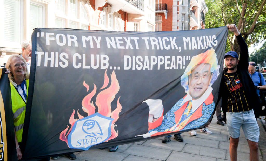 Sheffield Wednesday fans protesting against owner Dejphon Chansiri outside the Thai Embassy, London