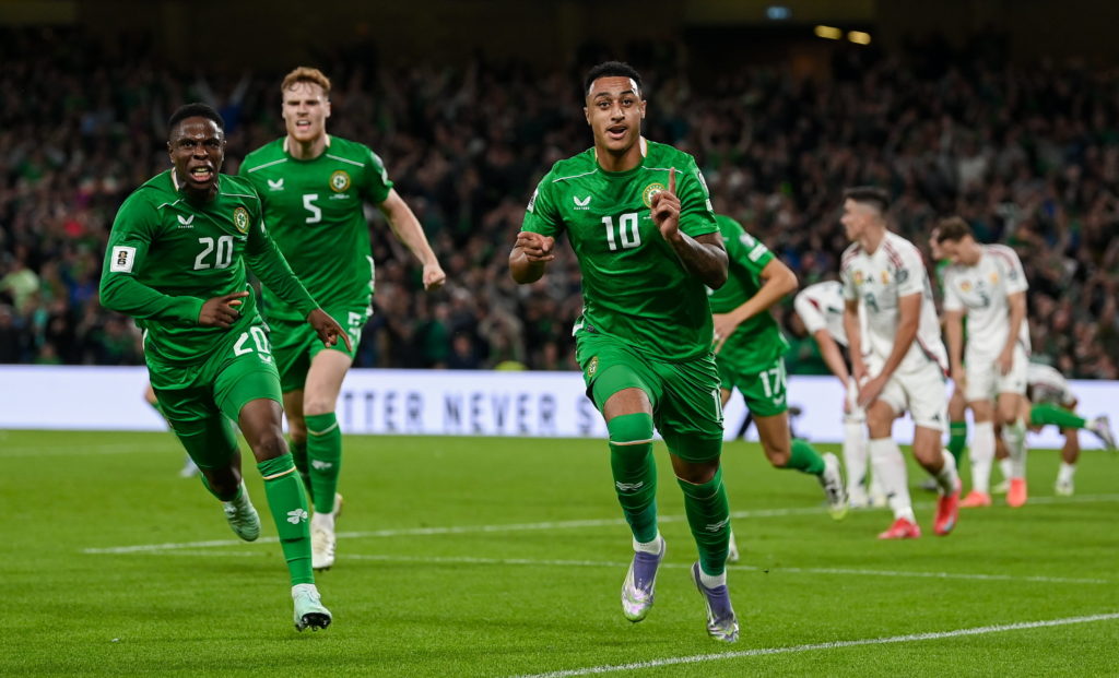 Adam Idah celebrates his last minute goal for Ireland against Hungary