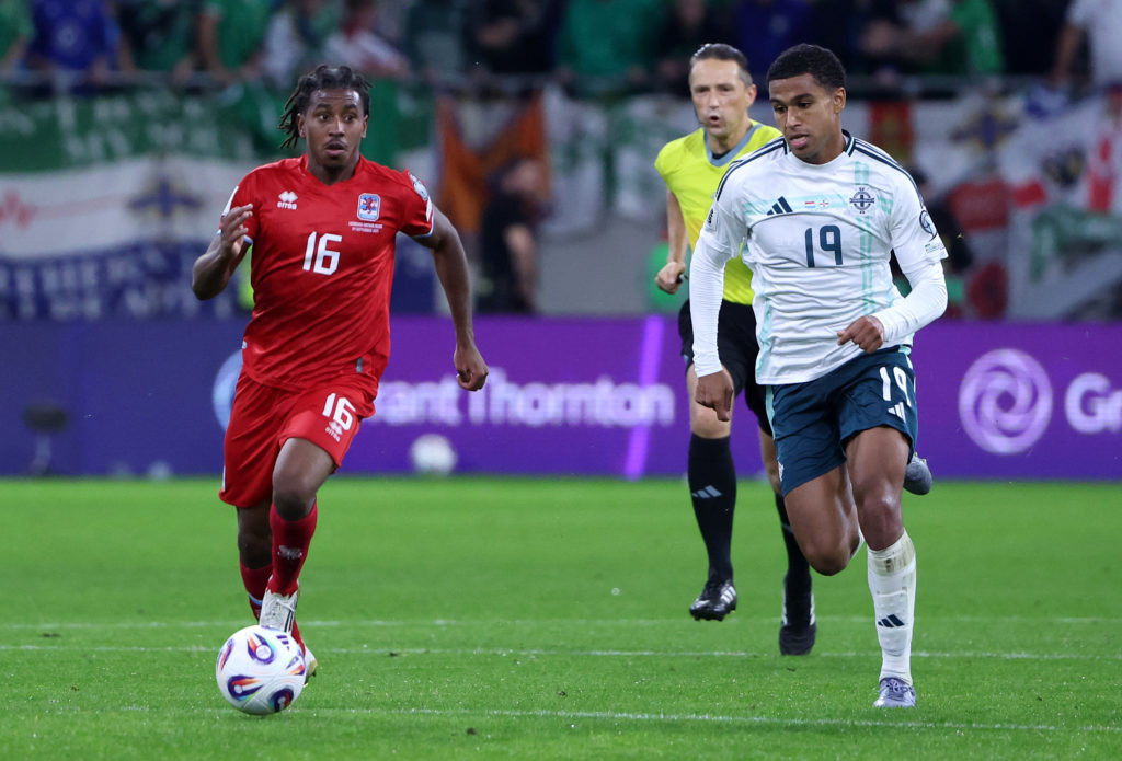 Leandro Barreiro of Luxembourg gets past Shea Charles of Northern Ireland