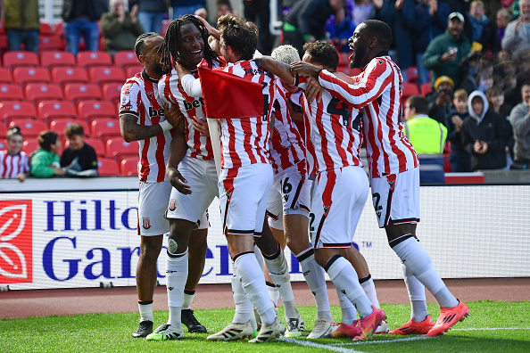 Bosun Lawal of Stoke City celebrates scoring a goal to make the score 1-0 against Birmingham City