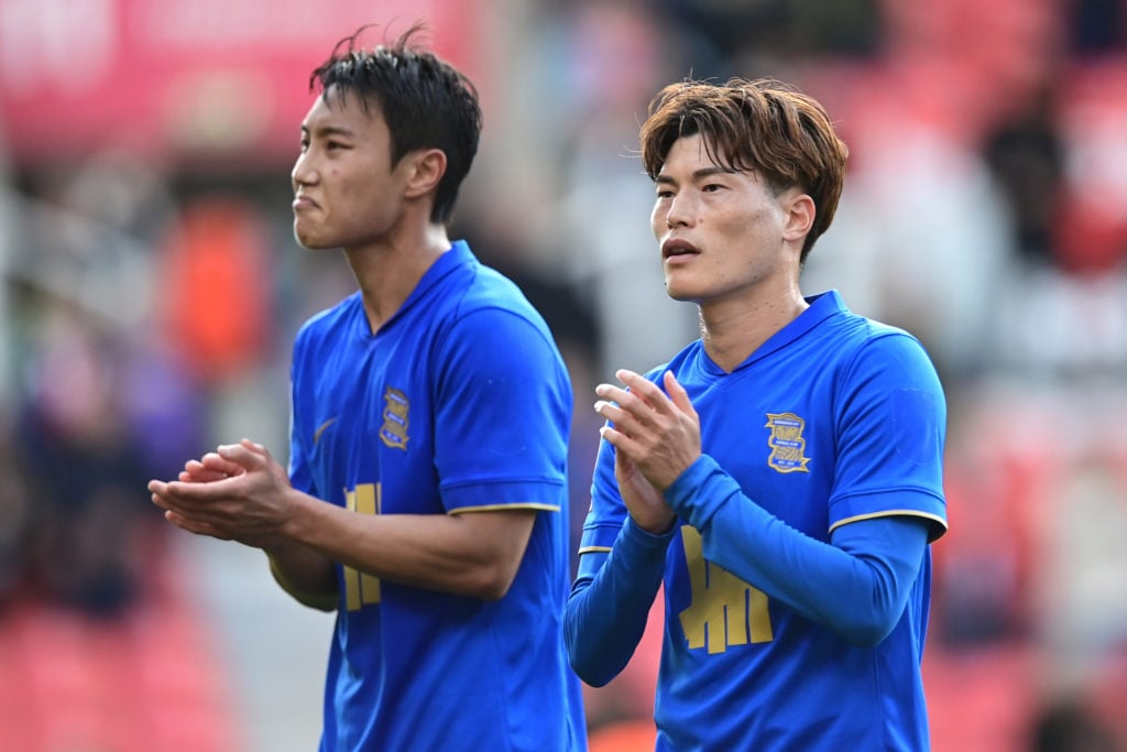 Seung-ho Paik & Kyogo Furuhashi of Birmingham City applaud the fans after the loss to Stoke City