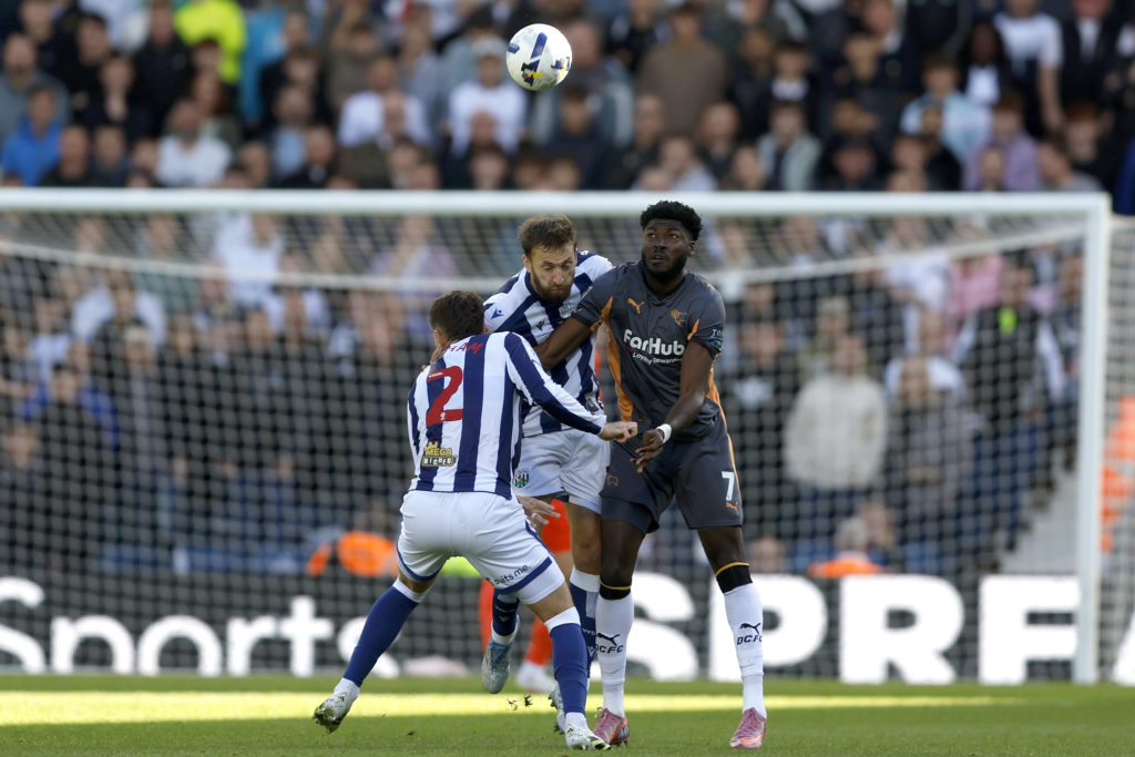 Nat Phillips of West Bromwich Albion beats Patrick Agyemang of Derby County to head the ball during the Sky Bet Championship match between West Bromwich Albion and Derby County