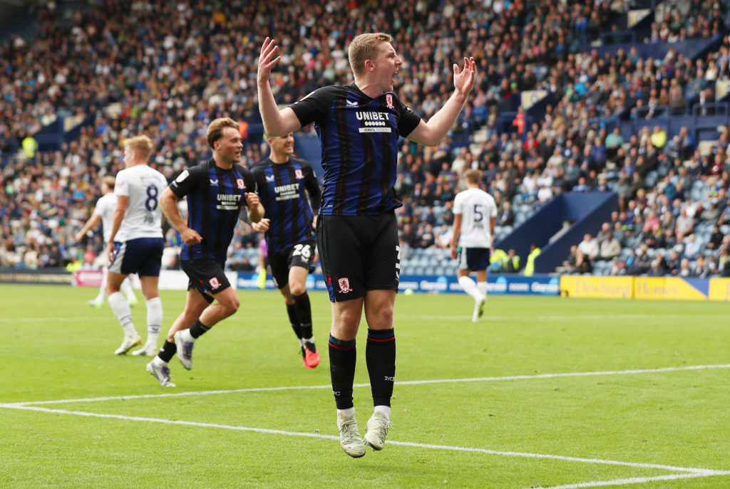Matt Targett of Middlesbrough celebrates scoring his team's first goal during the Sky Bet Championship match between Preston North End and Middlesbrough