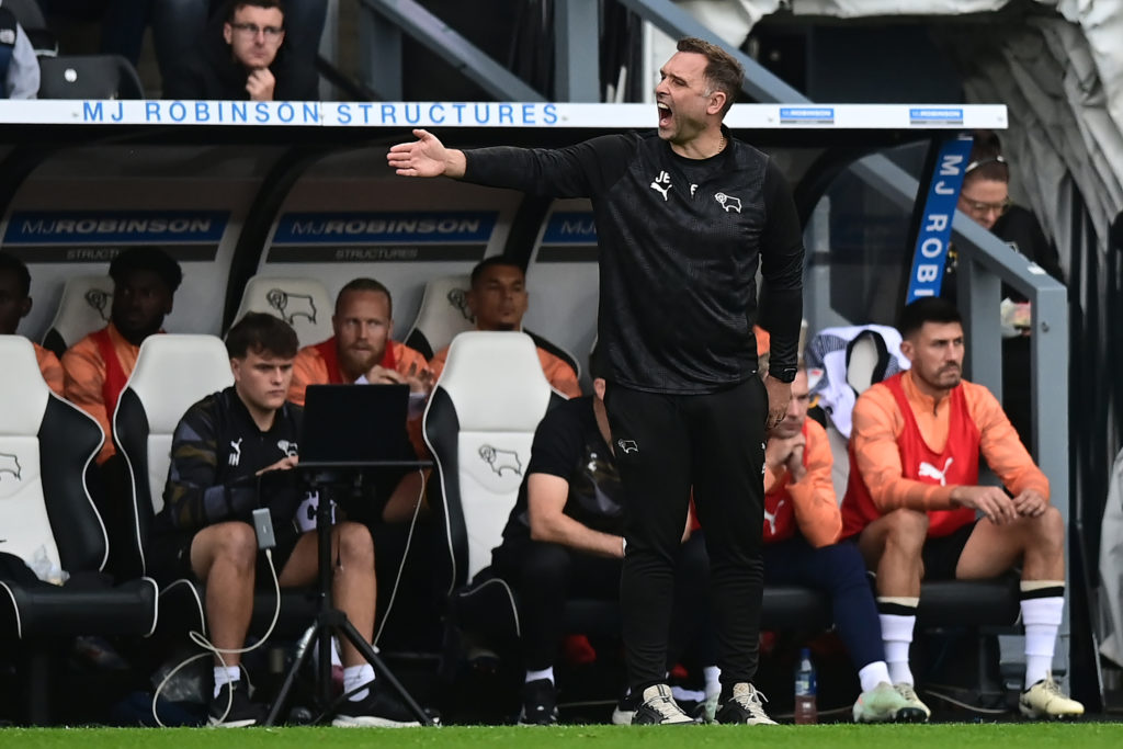 Derby County Head Coach / Manager John Eustace reacts during the Sky Bet Championship match between Derby County and Preston North End
