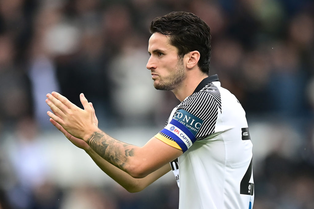 Lewis Travis of Derby County reacts during the Sky Bet Championship match between Derby County and Preston North End