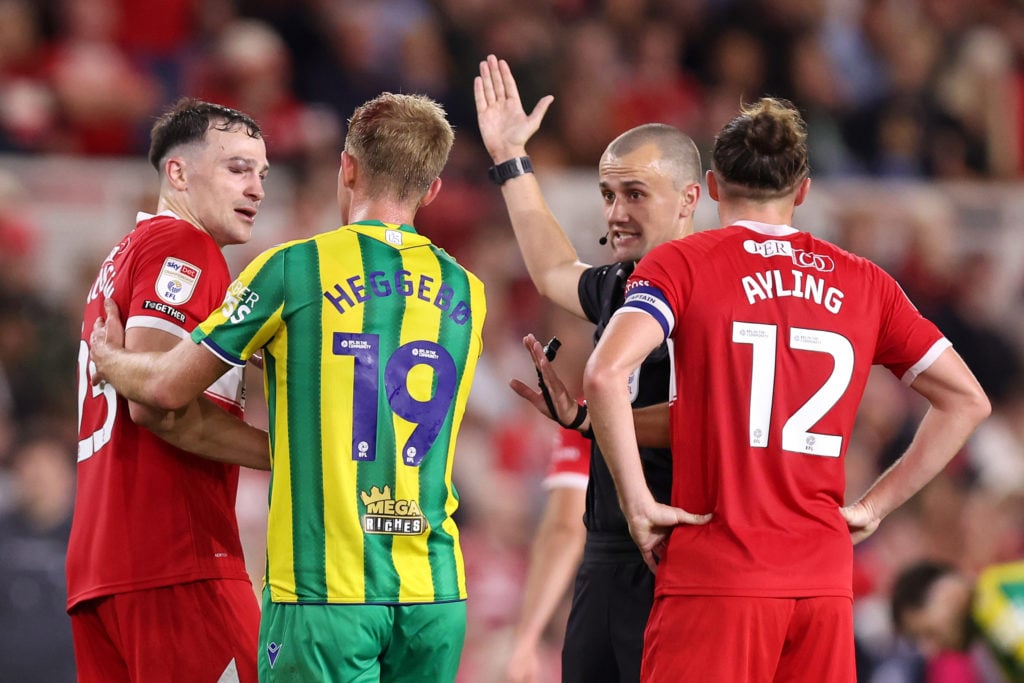 George Edmundson speaks to the referee about his eye injury during Middlesbrough v West Bromwich Albion - Sky Bet Championship