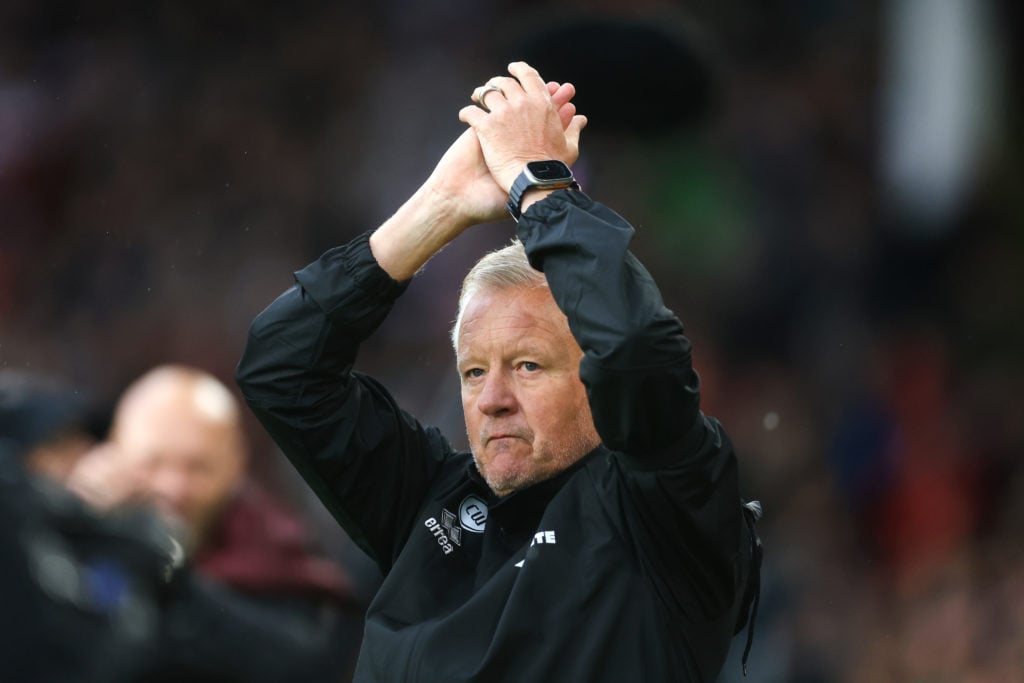 Chris Wilder, Manager of Sheffield United, acknowledges the fans