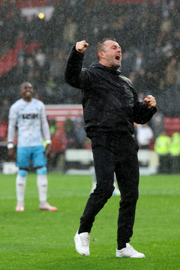 Nathan Jones pumps his fist with the fans after Sheffield United v Charlton Athletic - Sky Bet Championship