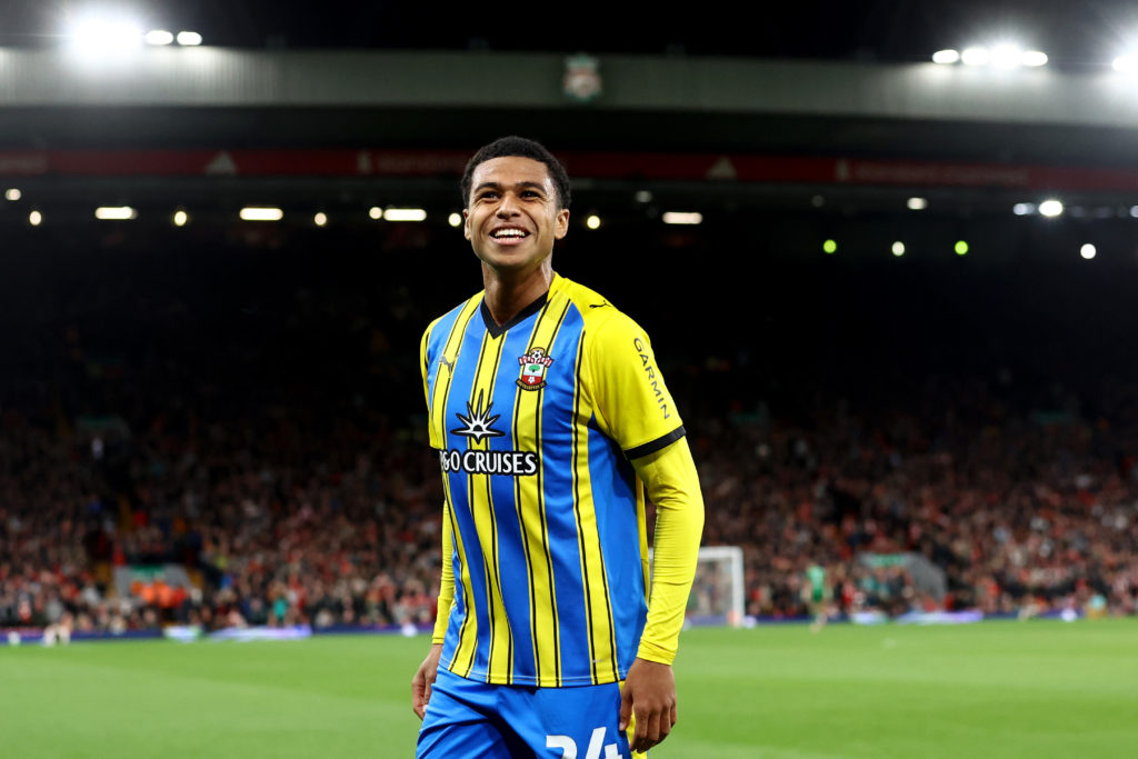 Shea Charles celebrates after scoring in Liverpool v Southampton - Carabao Cup Third Round
