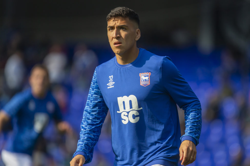 Marcelino Nunez warms up for Ipswich Town against Portsmouth