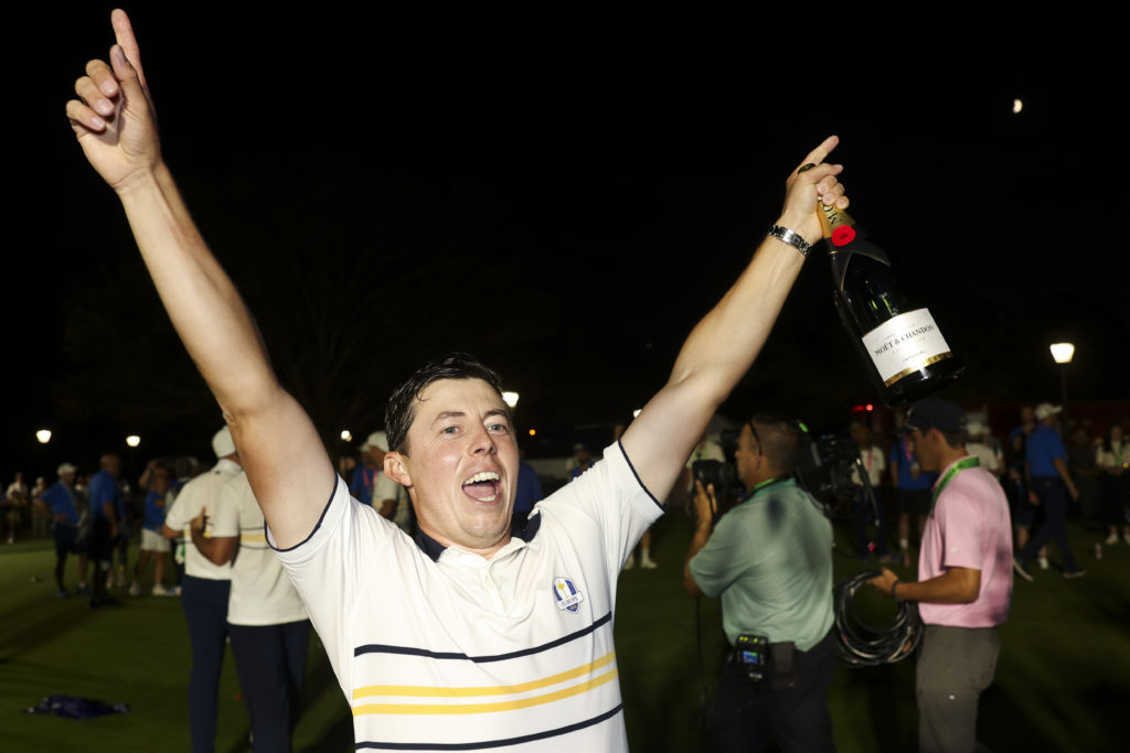 Matt Fitzpatrick celebrates after Team Europe won the 2025 Ryder Cup