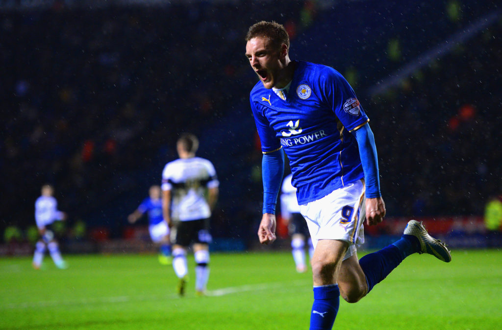 Jamie Vardy celebrates his goal for Leicester City vs Derby County in 2014