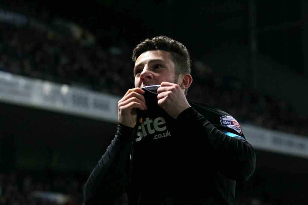 Conor Chaplin of Portsmouth celebrates scoring during the Emirates FA Cup Third Round match between Ipswich Town and Portsmouth