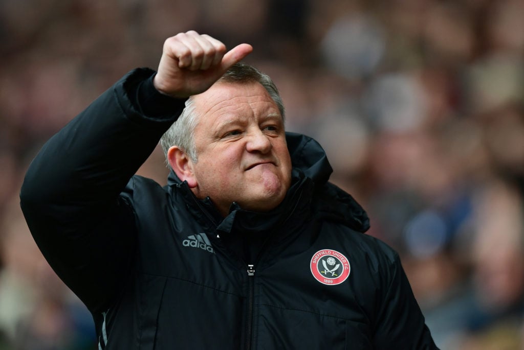 Sheffield United manager Chris Wilder sticks his thumb up at the fans during his side's clash against Charlton Athletic