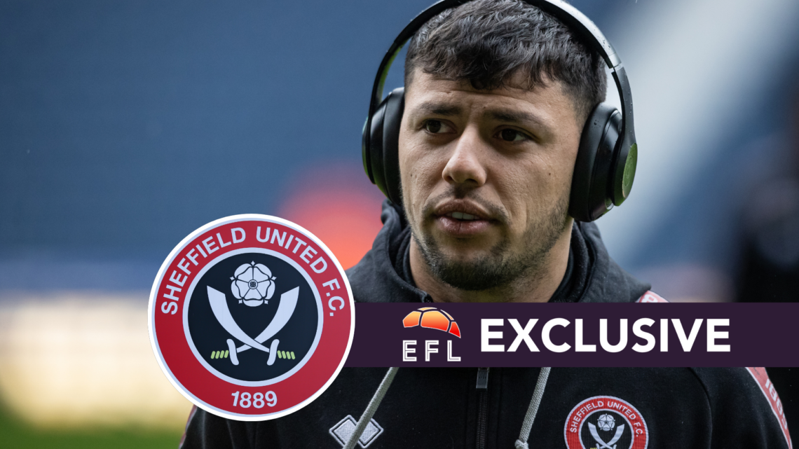 Sheffield United's Gus Hamer with club badge inset and exclusive branding overlaid.