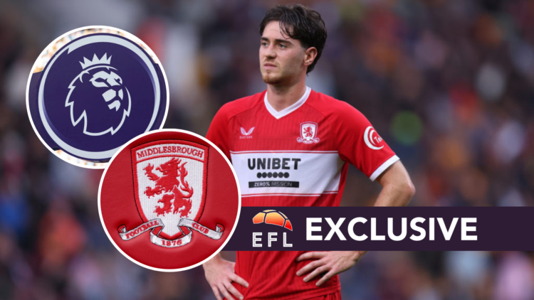 Middlesbrough midfielder Hayden Hackney reacts during a game. Inset, the Premier League logo, and the Middlesbrough FC badge. Overlaid, the EFL Ana...