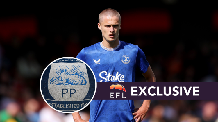 Harrison Armstrong at Everton. Inset, Preston North End badge. Overlaid, exclusive branding.