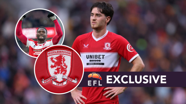 Middlesbrough midfielder Hayden Hackney reacts during a pre-season friendly. Inset, the Middlesbrough FC logo, and Emmanuel Latte Lath of Middlesbr...