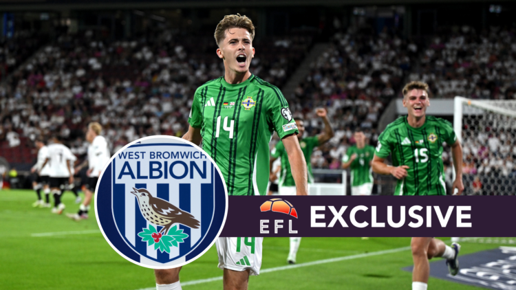 Isaac Price celebrates a goal for Northern Ireland. Inset, West Brom badge. Overlaid, exclusive branding.