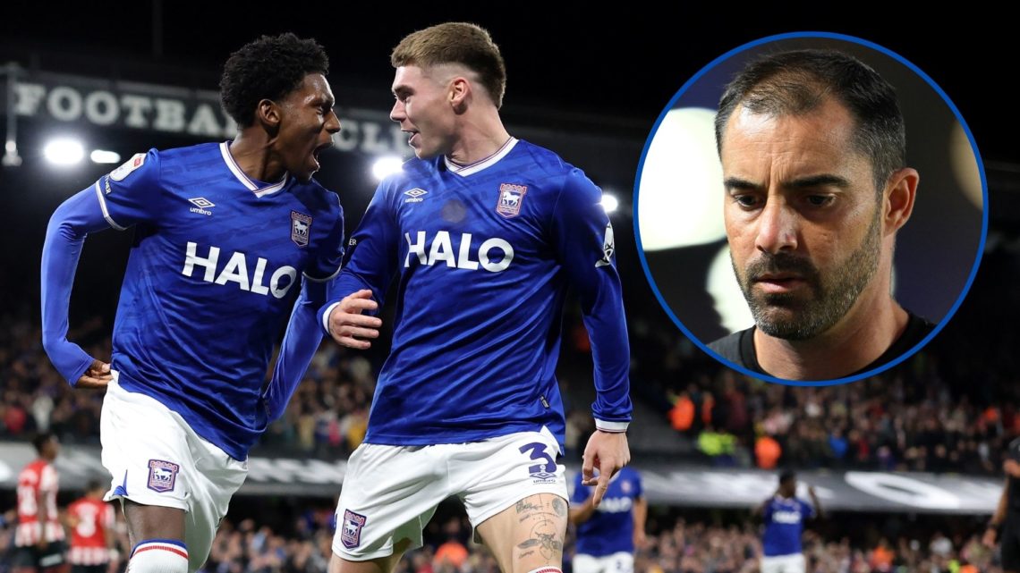 Main image, Jaden Philogene of Ipswich Town celebrates scoring his team's fourth goal and his hat trick goal with Leif Davis of Ipswich Town during...