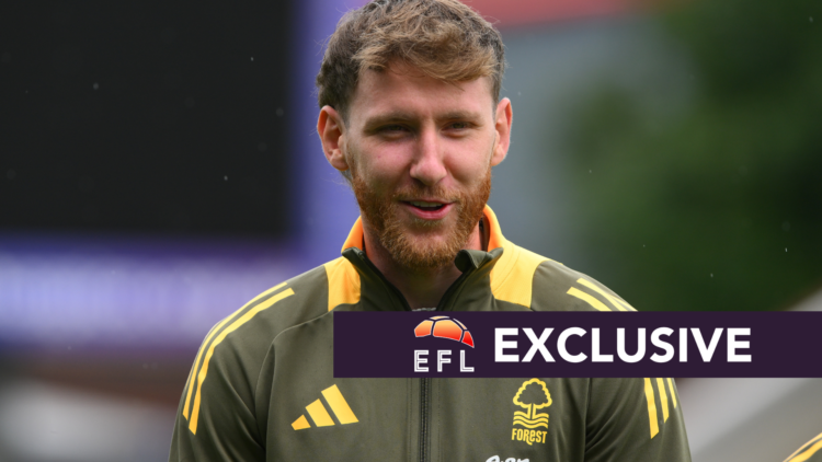 Josh Bowler in training for Nottingham Forest. Overlaid, exclusive branding.