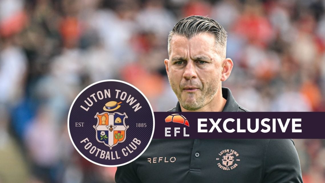 Luton Town manager Matt Bloomfield watches on against Peterborough United, an inset of the Luton Town badge