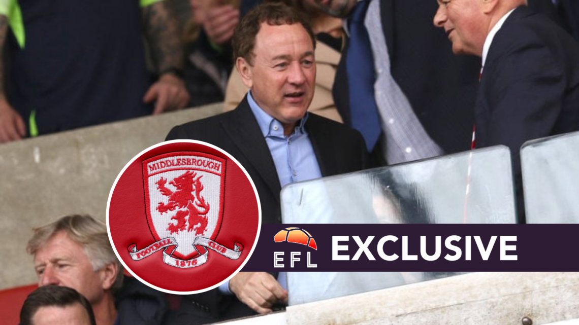 Middlesbrough FC owner Steve Gibson in the Stadium of Light stands. Inset, the Middlesbrough FC badge. Overlaid, the EFL Analysis exclusive banner.