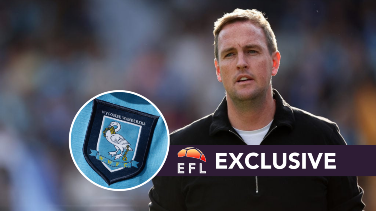 Former Wycombe Wanderers head coach Mike Dodds reacts during a League One game. Inset, the Wycombe Wanderers FC badge. Overlaid, the EFL Analysis e...