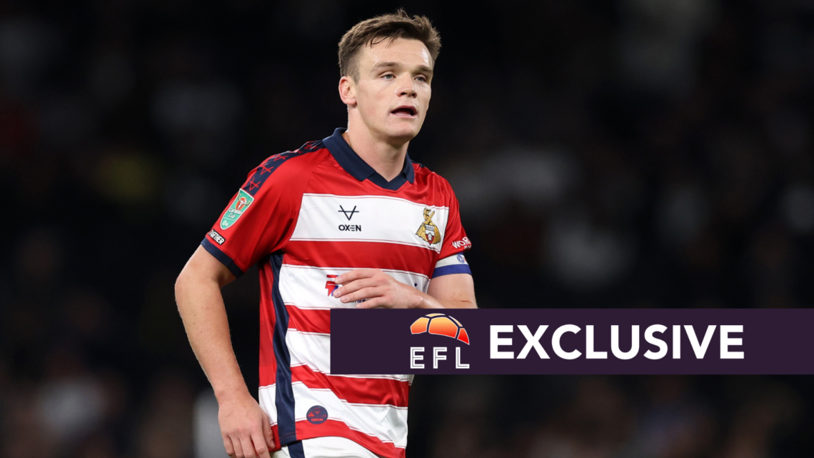 Doncaster Rovers star Owen Bailey. Overlaid, exclusive branding.