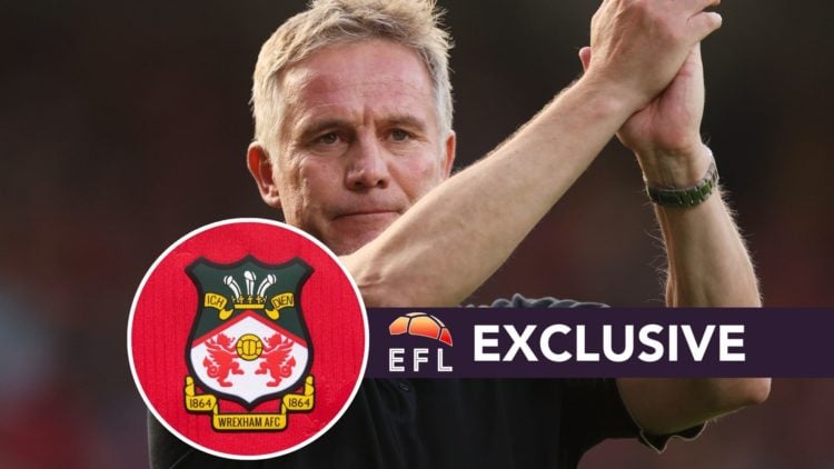 Phil Parkinson in charge of Wrexham. Inset, Wrexham badge. Overlaid, EFL Analysis exclusive banner
