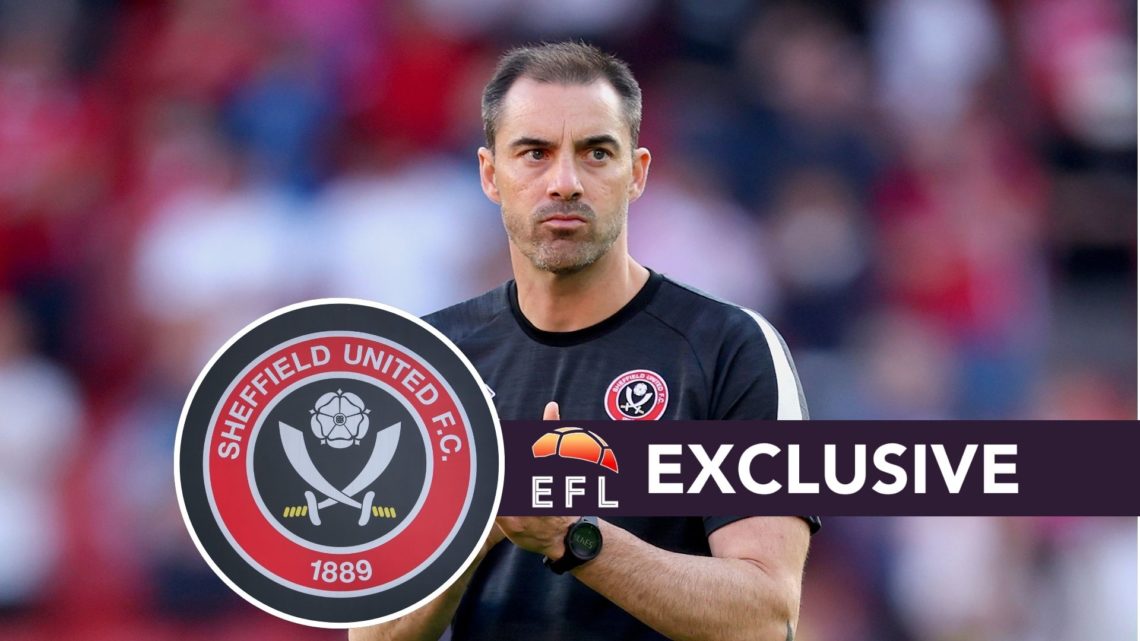 Ruben Selles, Manager of Sheffield United, applauds the fans following defeat. Inset, Sheffield United badge. Overlaid, EFL Analysis banner