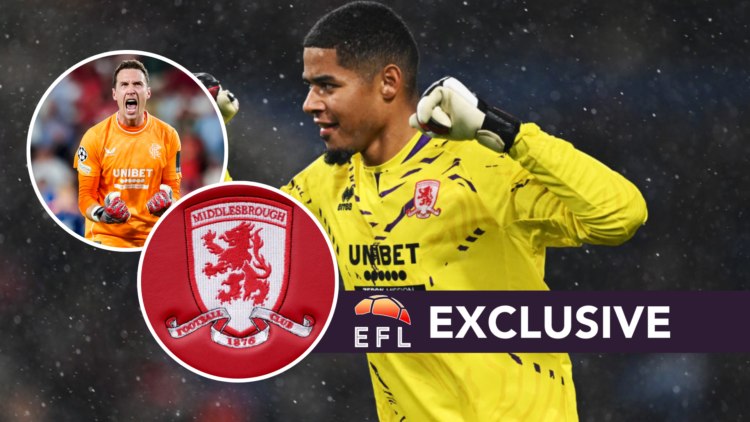 Middlesbrough FC goalkeeper Seny Dieng celebrates after a Championship game. Inset, Jon McLaughlin reacts after a game for Rangers FC, and the Midd...