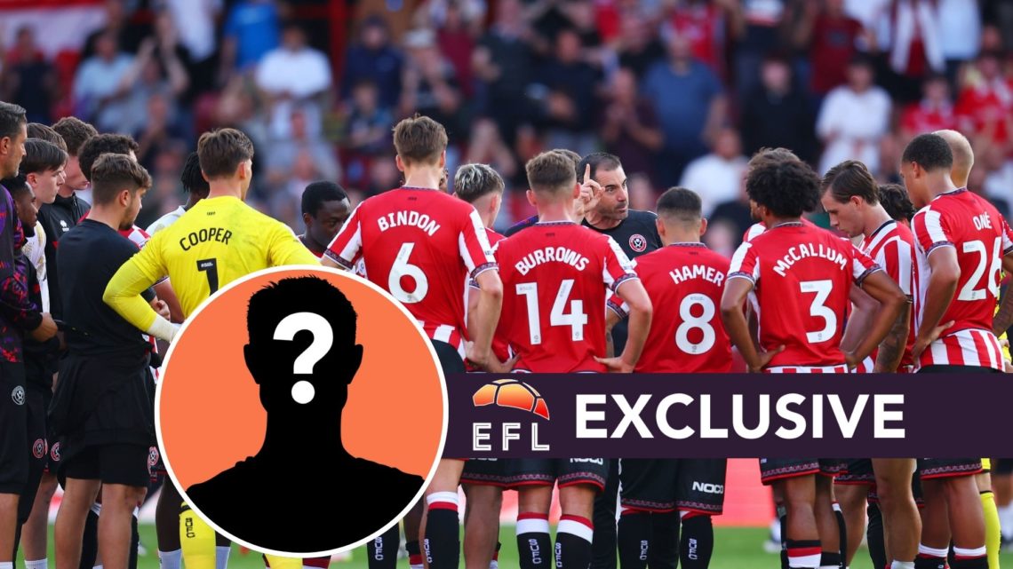 Ruben Selles, Manager of Sheffield United, talks to the team. Inset, Mystery Player. Overlaid, EFL Analysis banner