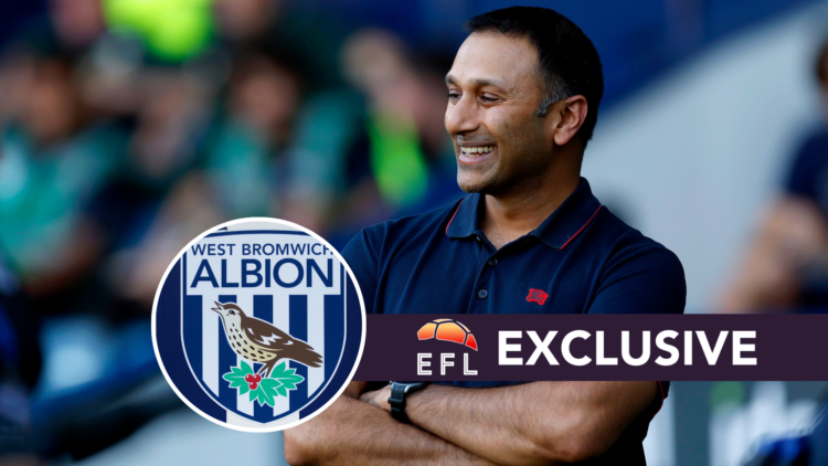 West Brom owner Shilen Patel. Inset, West Brom badge. Overlaid, exclusive branding.