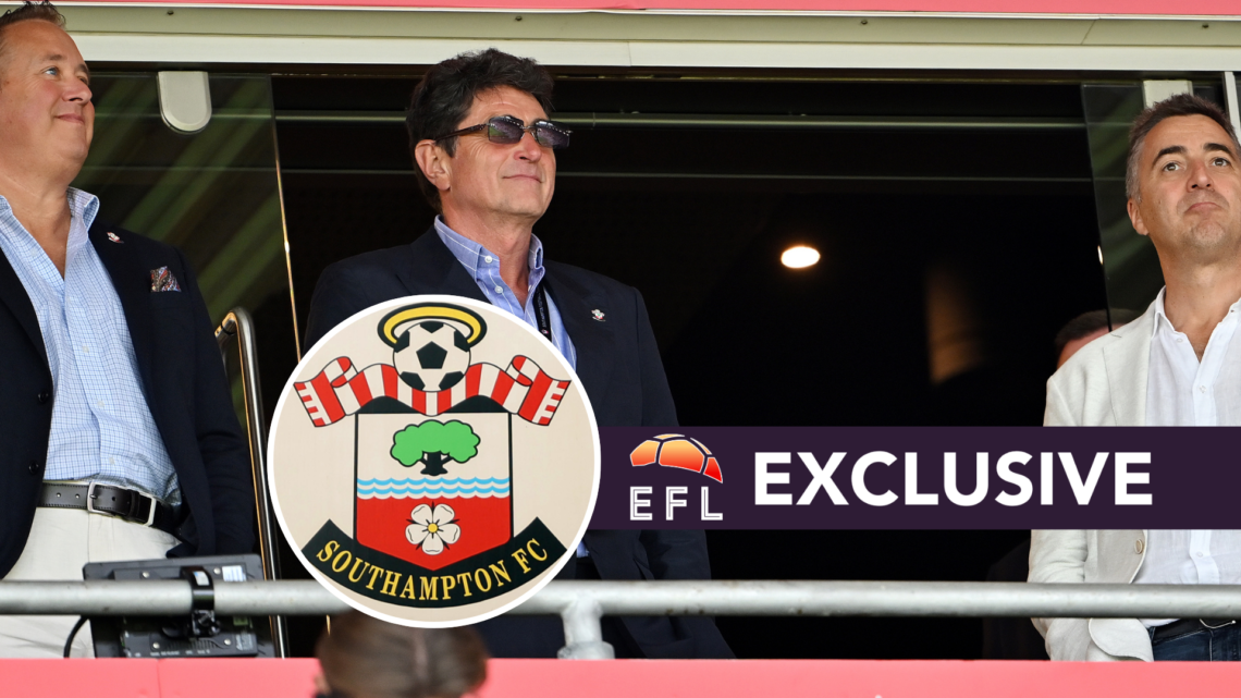 Southampton chairman Dragan Solak in attendance for the Wrexham game, an inset of the Southampton badge