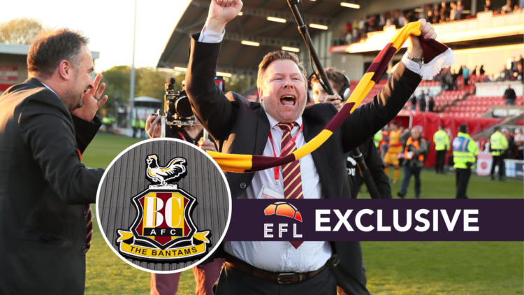 Bradford City owner Stefan Rupp. Inset, Bradford City badge. Overlaid, exclusive branding.