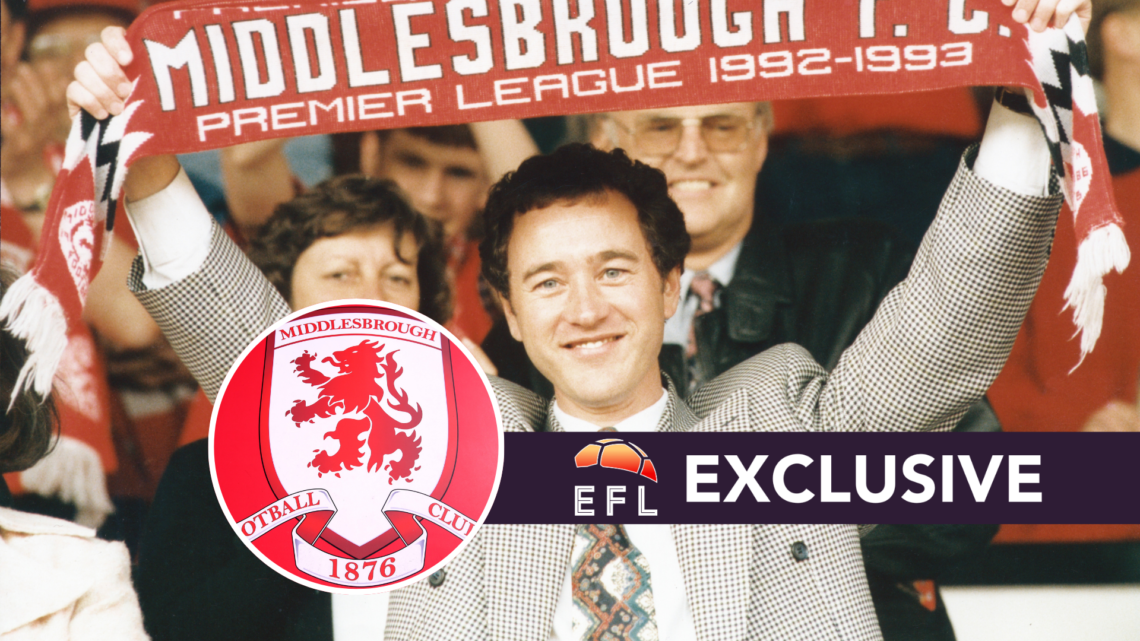 Middlesbrough chairman Steve Gibson. Inset, Middlesbrough badge. Overlaid, exclusive branding.