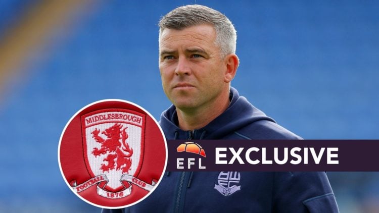 Steven Schumacher ahead of Bolton Wanderers against Shrewsbury Town. Inset, Middlesbrough badge. Overlaid, EFL Analysis exclusive banner