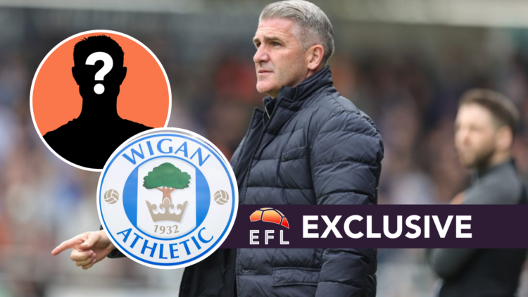 Wigan Athletic FC manager Ryan Lowe reacts during a game. Inset, the Wigan Athletic FC badge and a mystery player. Overlaid, the EFL Analysis exclu...