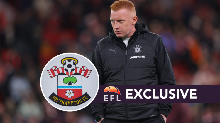 Southampton head coach Will Still reacts during game against Liverpool FC. Inset, the Southampton FC badge. Overlaid, the EFL Analysis exclusive ba...