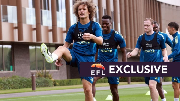 Wout Faes warms up during a Leicester City training session