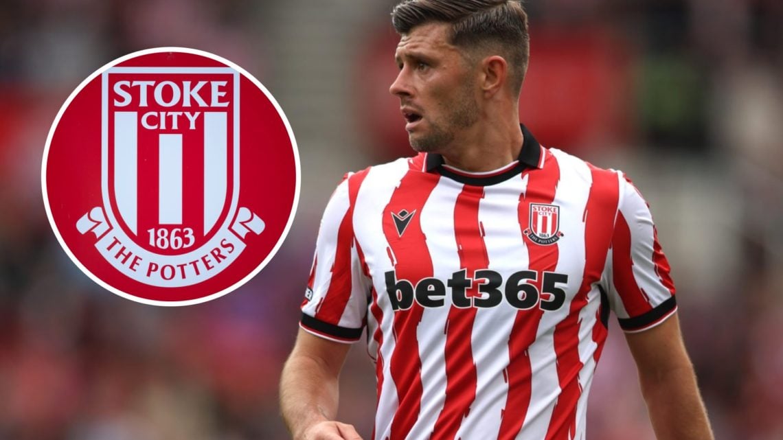 Stoke City's Aaron Cresswell with club badge inset.