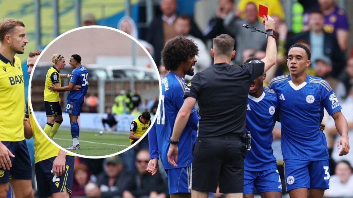 Aaron Ramsey of Leicester City shown a red card against Oxford United, and inset, Aaron Ramsey arguing with Przemysaw Pacheta.
