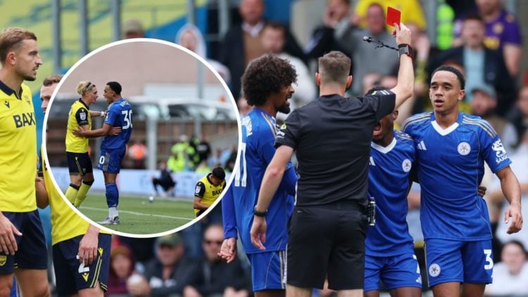 Aaron Ramsey of Leicester City shown a red card against Oxford United, and inset, Aaron Ramsey arguing with Przemysaw Pacheta.