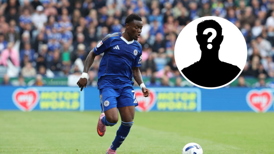 Abdul Fatawu dribbles with the ball during Leicester City vs Coventry City. an inset of a mystery figure