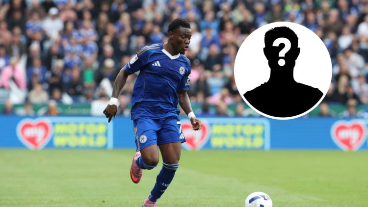Abdul Fatawu dribbles with the ball during Leicester City vs Coventry City. an inset of a mystery figure
