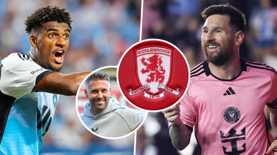 Middlesbrough player Adilson Malanda in action for Charlotte FC, and Lionel Messi celebrates after scoring for Inter Miami. Overlaid, the Middlesbr...
