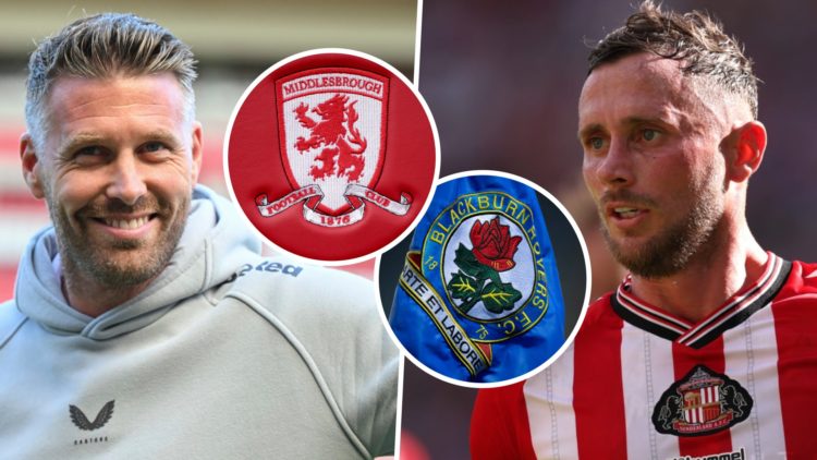 Middlesbrough manager Rob Edwards, and Sunderland AFC midfielder Alan Browne. Inset, the Middlesbrough FC badge and the Blackburn Rovers FC badge.